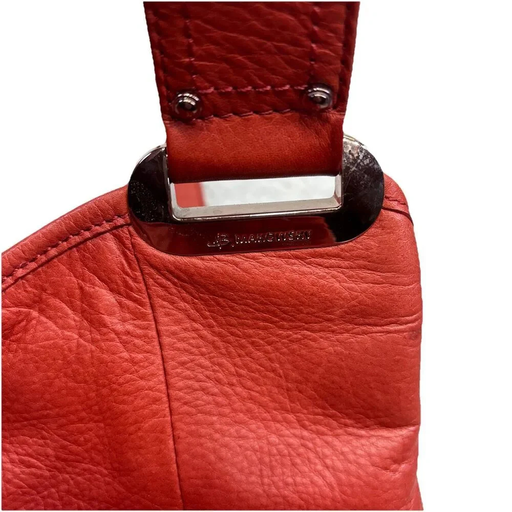 B. Makowsky Red Orange Pebbled Leather Satchel Bag Boho Shoulder Purse 3-Section